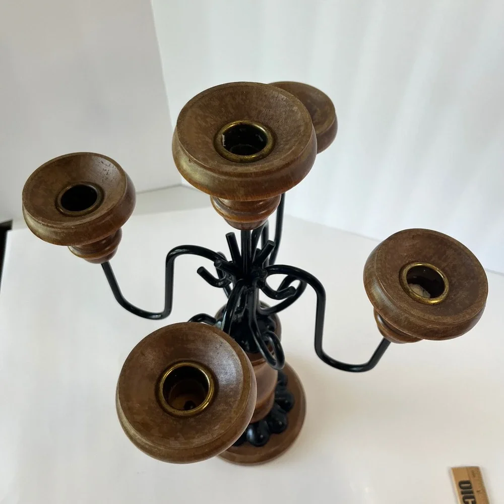 Vintage Wood and Wrought Iron 5 Light Candelabra Candle Holder Centerpiece Brown